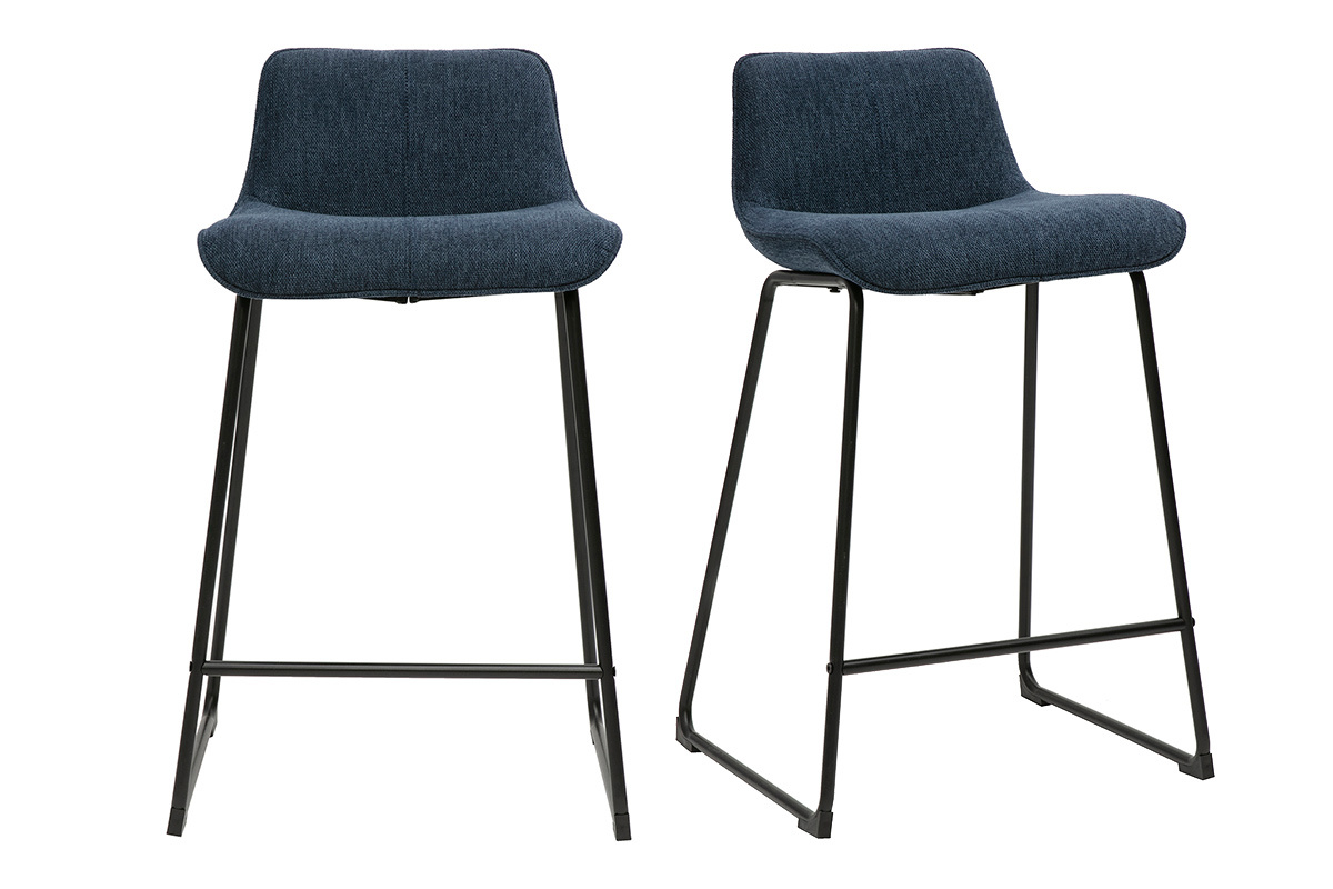 Tabourets de bar en tissu effet velours textur� bleu fonc� et m�tal H65 cm (lot de 2) BOOST