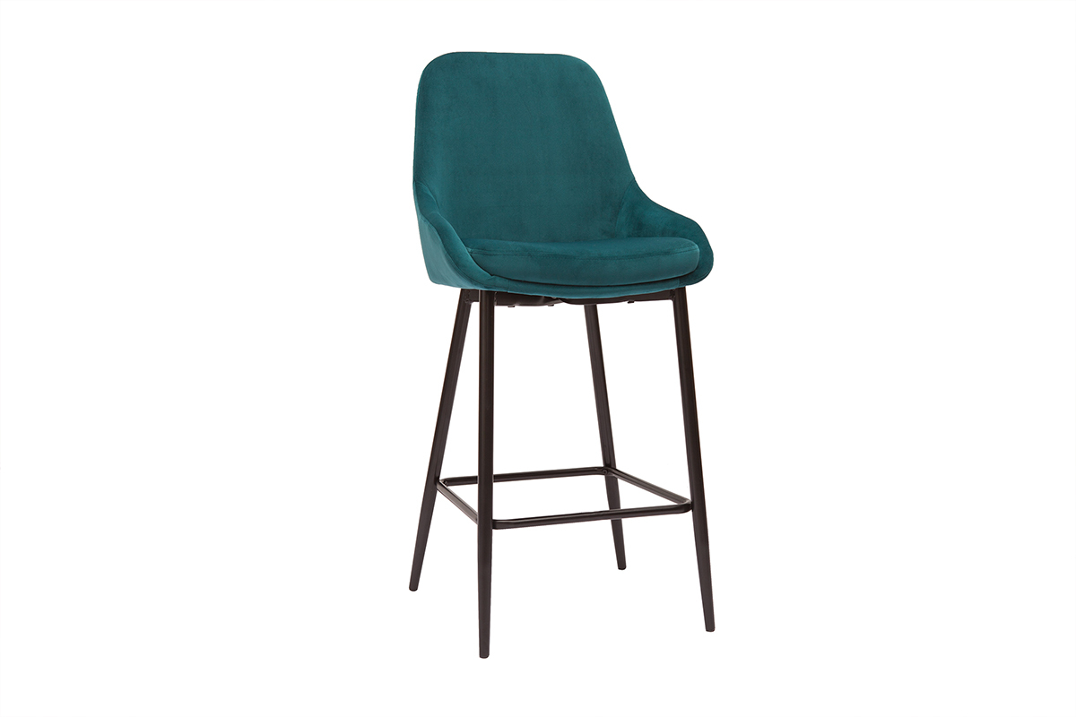Tabourets de bar en tissu velours bleu p�trole et m�tal noir H65 cm (lot de 2) HOLO
