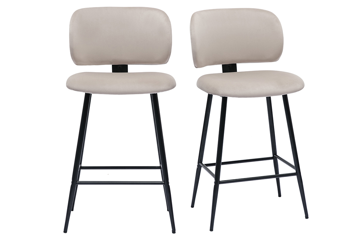 Tabourets de bar en tissu velours taupe et m�tal noir H70 cm (lot de 2) ATRIUM