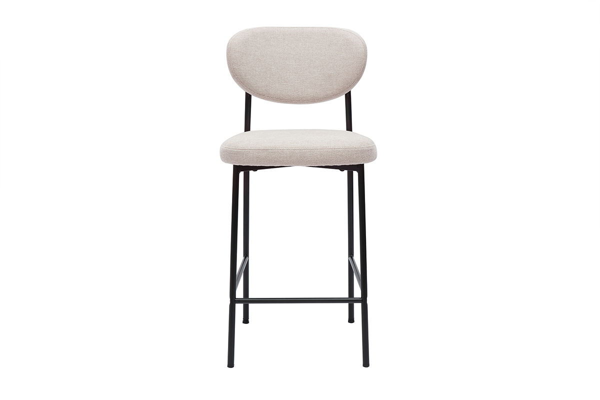 Tabouret de bar beige en tissu velours avec pi�tement noir, vue de face.