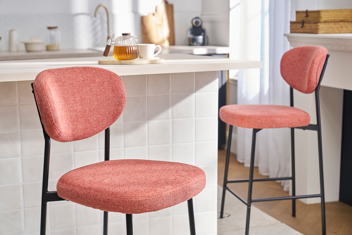 Tabourets de bar fixes en tissu effet velours textur� terracotta H65 cm (lot de 2) BREKA