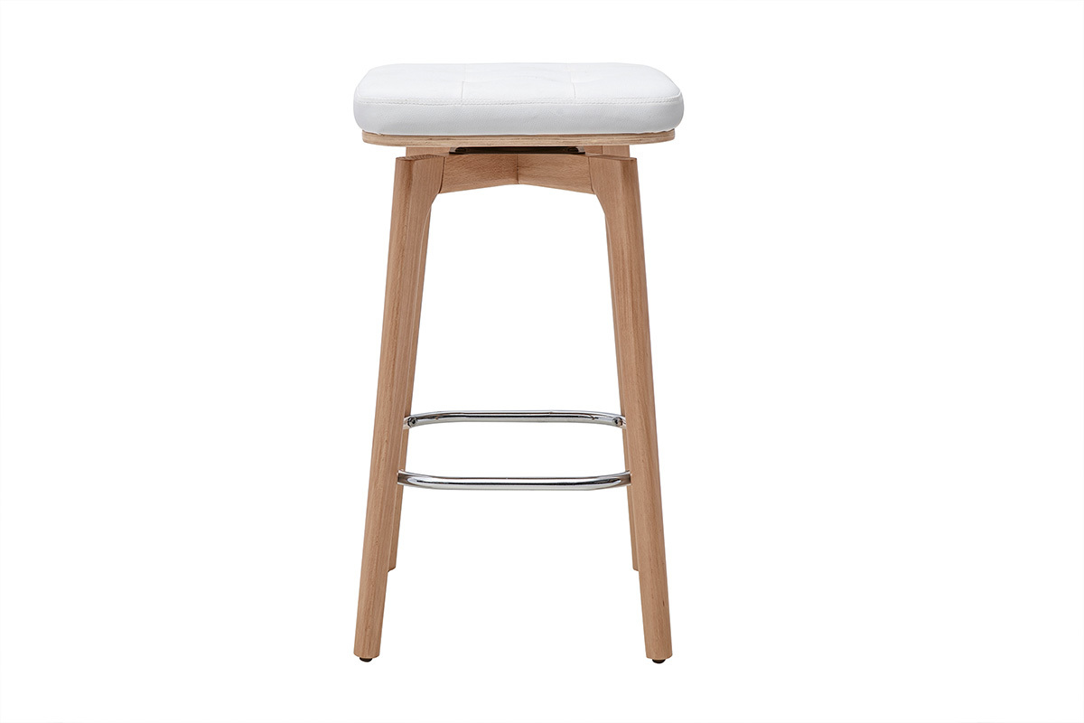 Tabouret de bar pivotant blanc et bois clair, vue de face, hauteur 67,5 cm, avec repose-pied en m�tal chrom�.