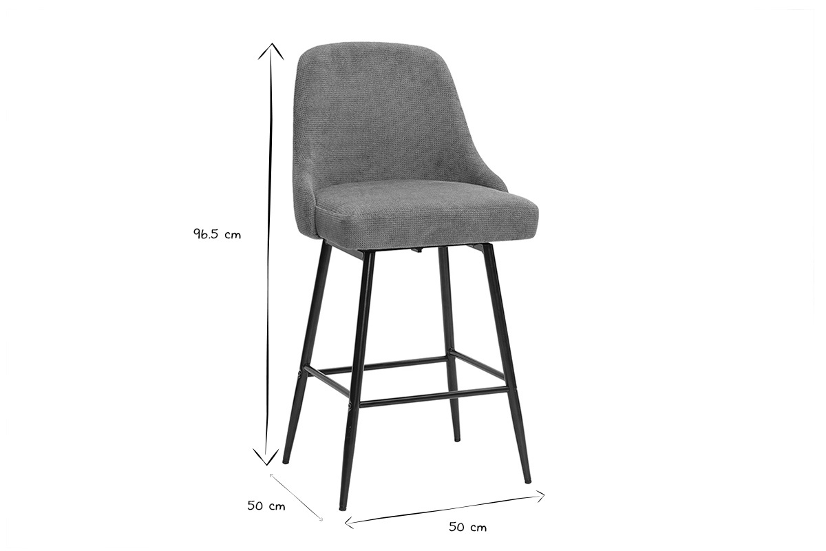 Dimensions tabouret de bar pivotant, 96,5 cm de haut, 50 cm de large, en noir et blanc.