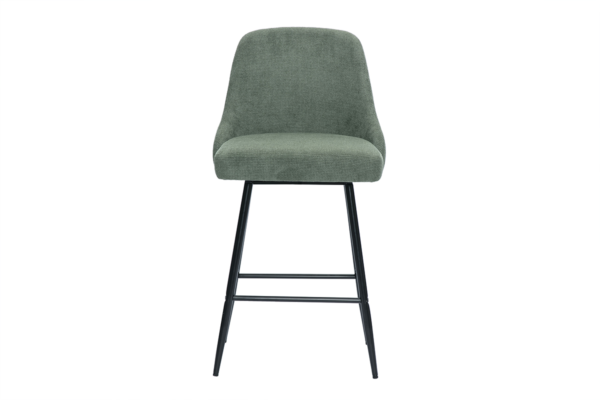 Tabouret de bar vert kaki effet velours avec pieds en m�tal noir, vue de face.