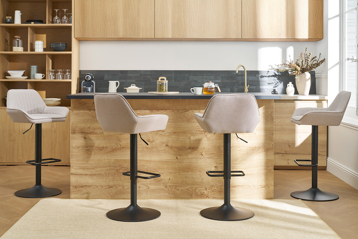 Tabourets de bar r�glables en tissu beige et m�tal noir (lot de 2) RONNIE