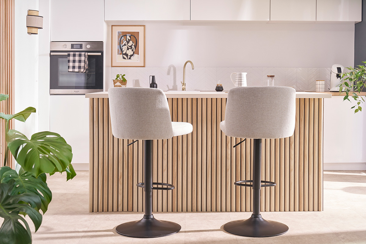Tabourets de bar r�glables en tissu effet velours textur� beige et m�tal noir (lot de 2) MONTI