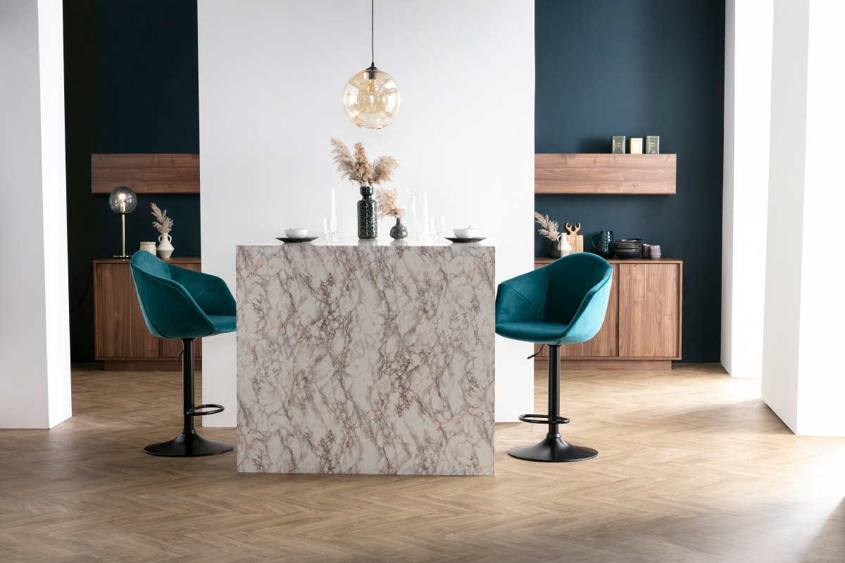 Tabourets de bar r�glables pivotants 360� en velours bleu p�trole et m�tal  (lot de 2) TAYA