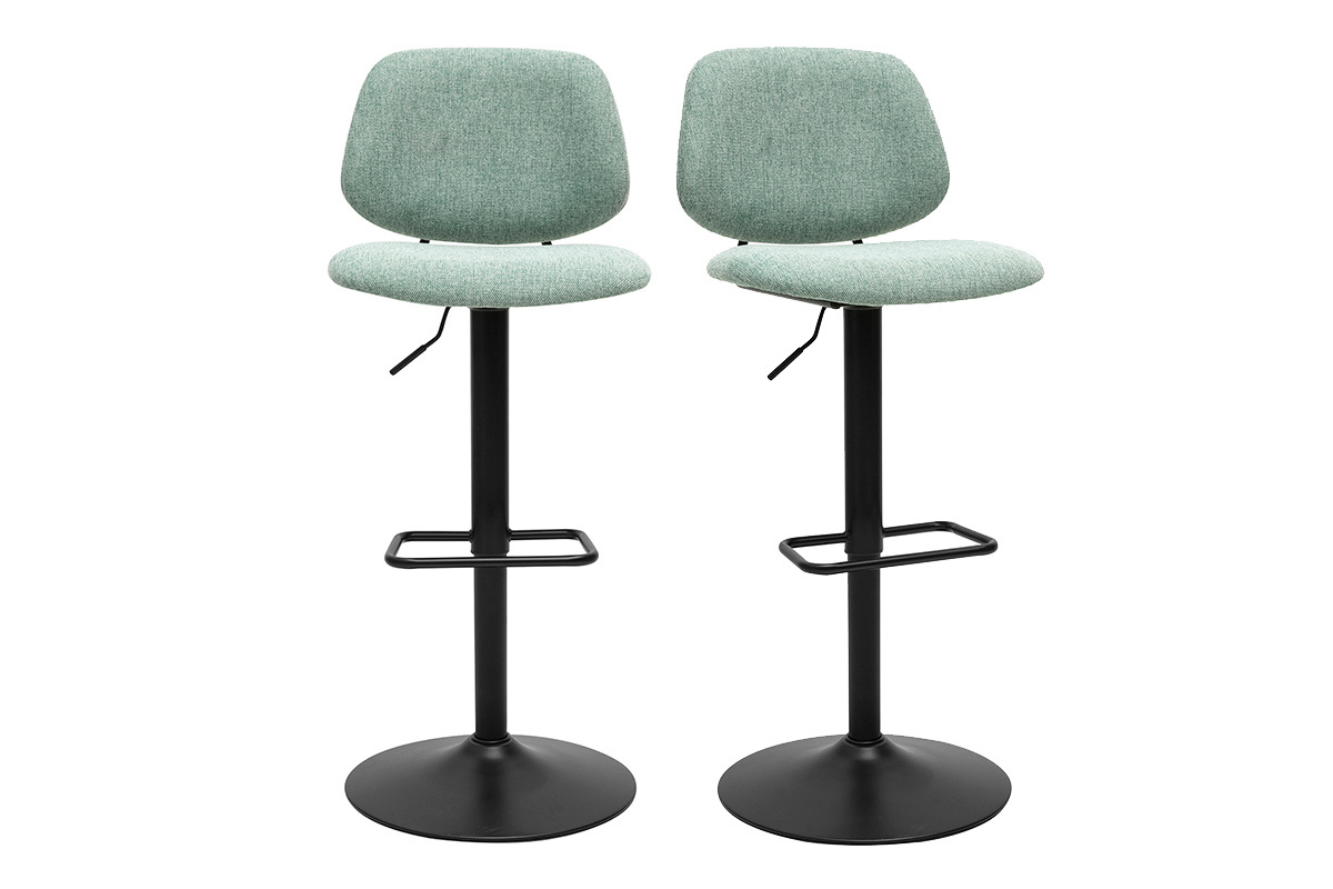 Deux tabourets de bar en tissu vert c�ladon et m�tal noir, vue de face.