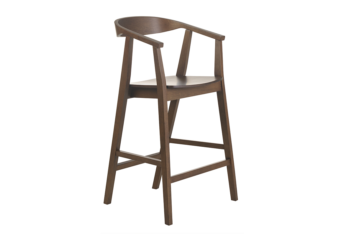 Tabouret de bar scandinave en bois fonc� avec dossier et accoudoirs, vue de c�t�.