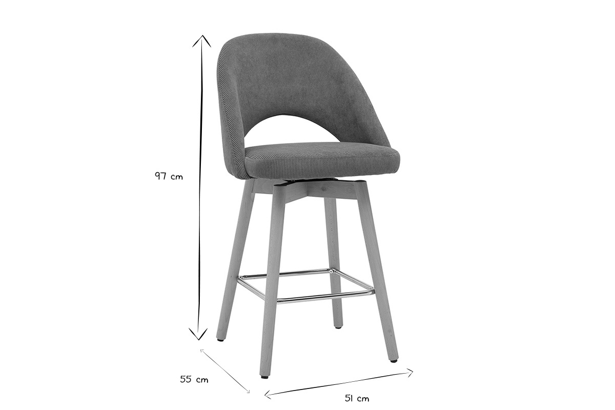 Dimensions d'un tabouret de bar en noir et blanc : 97 cm de haut, 55 cm de profondeur, 51 cm de large.