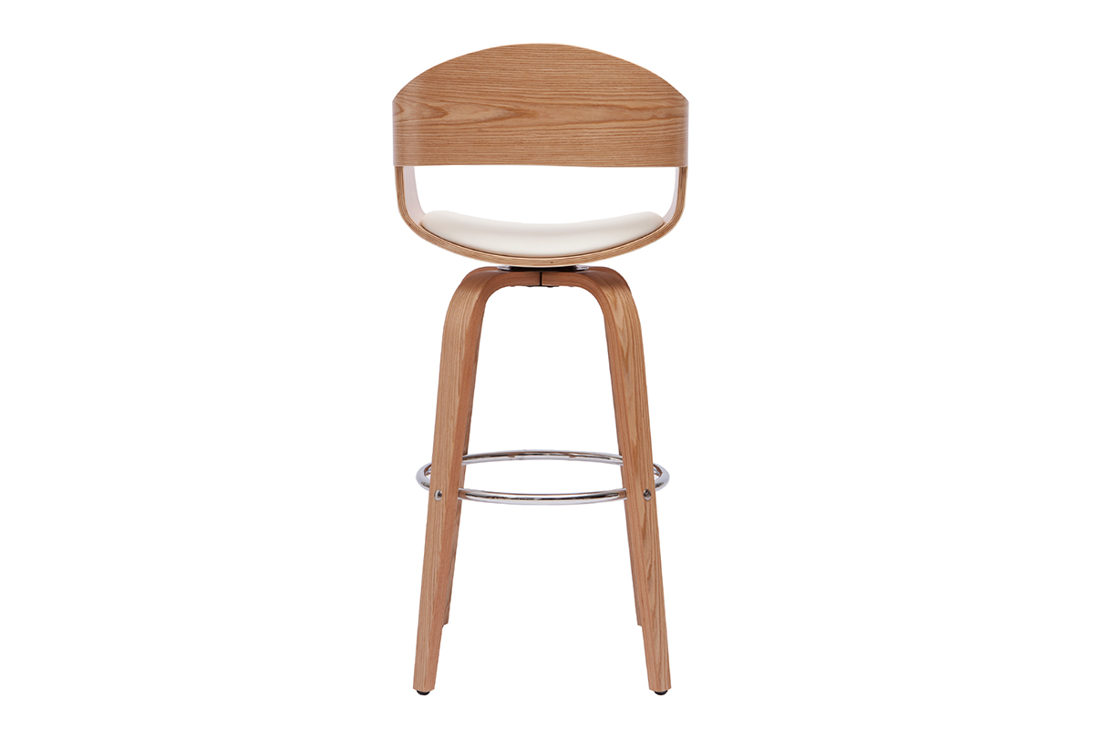 Tabouret de bar scandinave en bois clair, vue de dos, si�ge blanc et repose-pied chrom�.