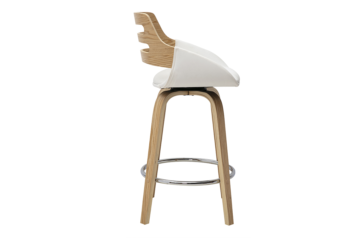 Tabouret de bar scandinave blanc et bois clair vue de profil, hauteur 65.5 cm, avec assise pivotante.