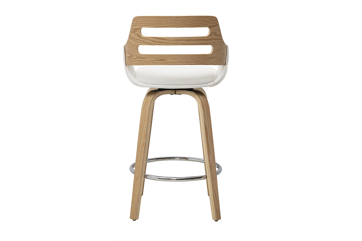 Tabouret de bar scandinave pivotant blanc et bois clair, vue de dos, H65.5 cm.