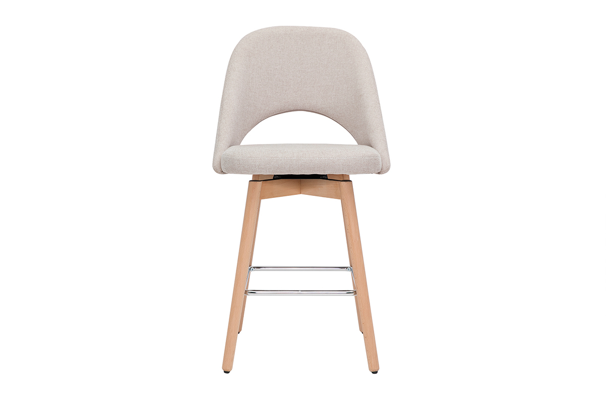 Tabouret de bar scandinave beige en velours et h�v�a, vue de face.