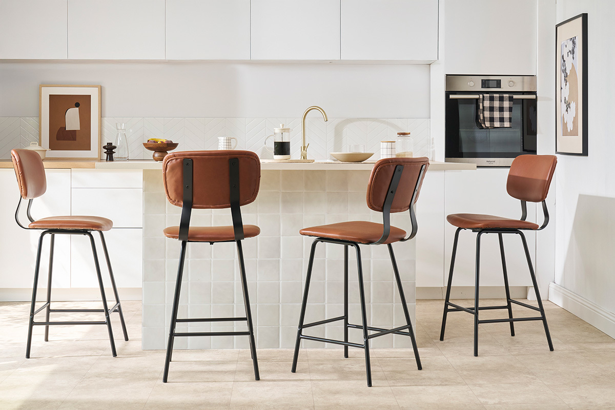 Tabourets de bar vintage marron clair avec pieds m�tal 65 cm (lot de 2) LAB