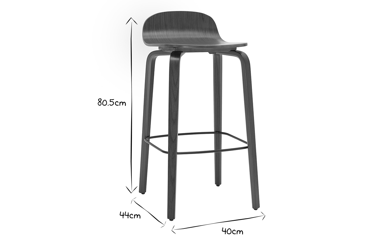Dimensions du tabouret de bar vintage OBRA en noir et blanc, hauteur 80.5 cm, large assise 40 cm, repose-pied 44 cm.