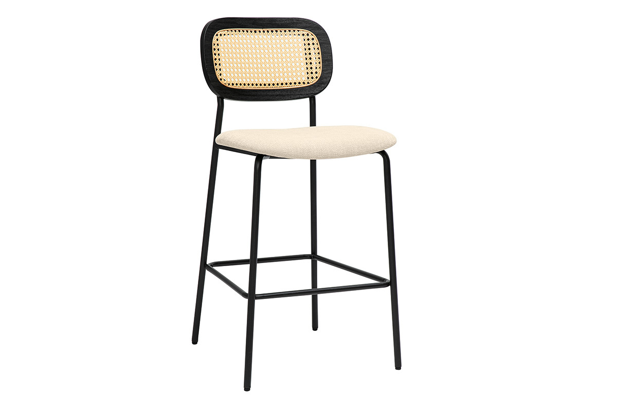 Tabourets en tissu effet velours beige et m�tal noir, cannage rotin, lot de 2