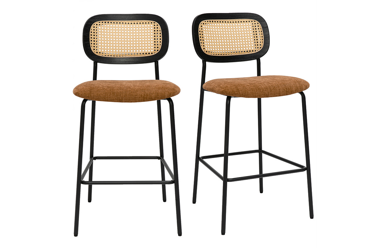Tabourets design en tissu effet velours textur� terre brul�e, m�tal noir et cannage rotin (lot de 2) MIRANDA