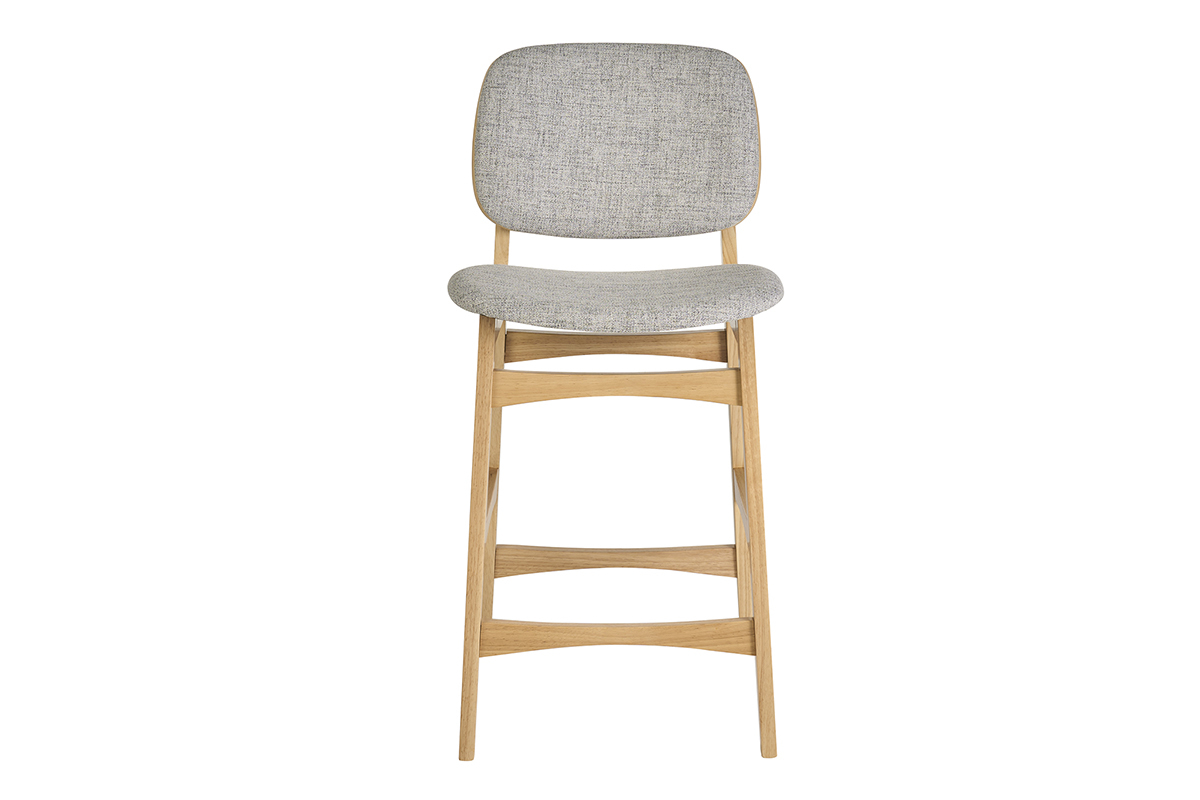 Tabouret scandinave en bois clair fr�ne et tissu gris clair, vue de face, hauteur 66 cm.