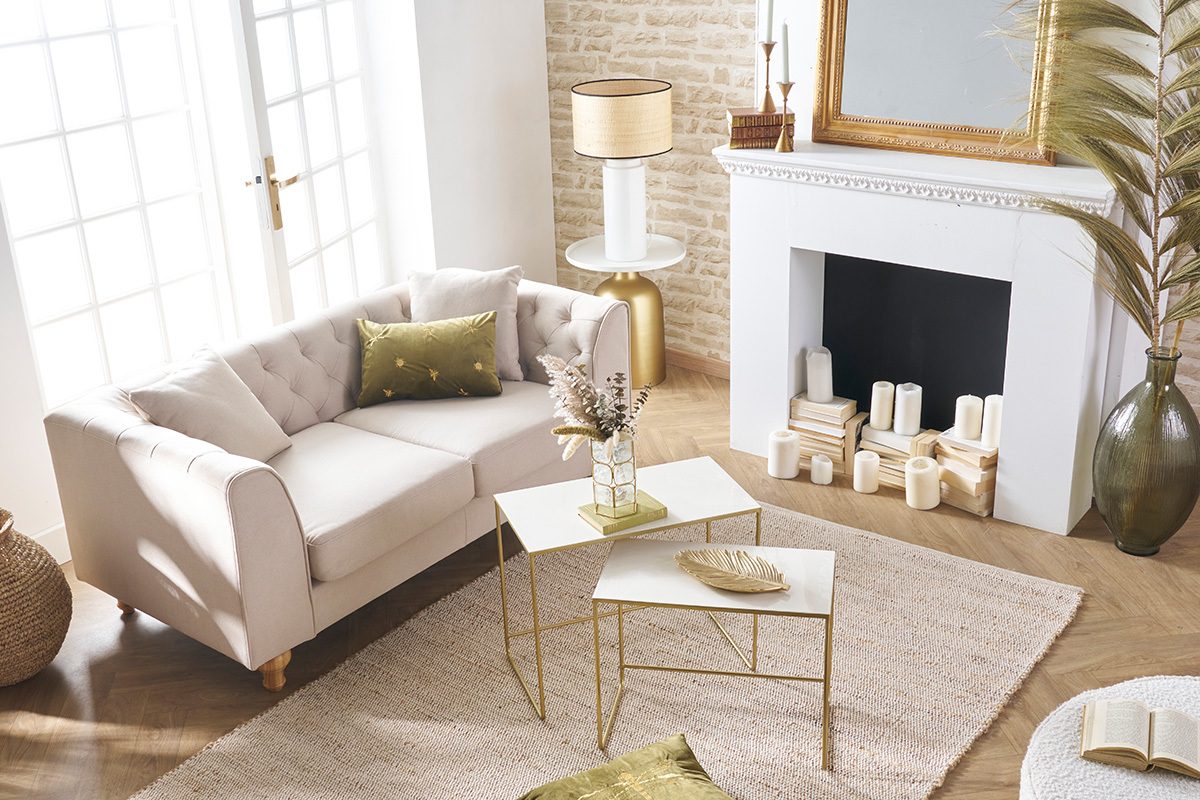 Tapis rectangulaire beige en jute et coton tiss�s L140 x L200 EFFIA