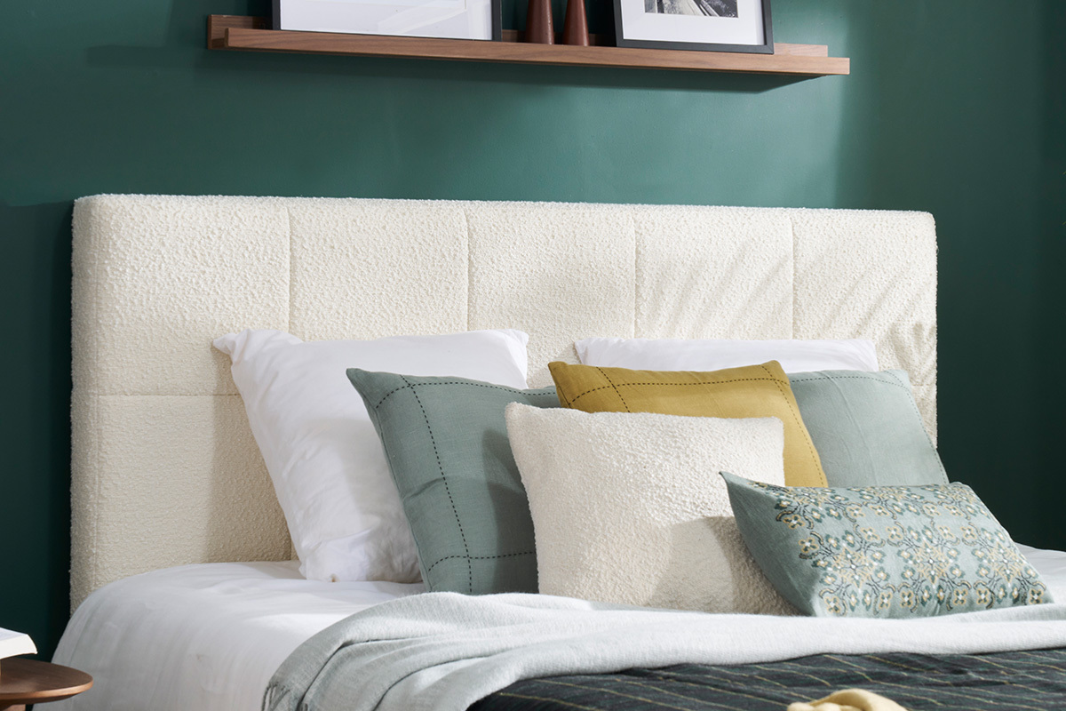T�te de lit en tissu effet laine boucl�e blanc L160 cm CLOVIS