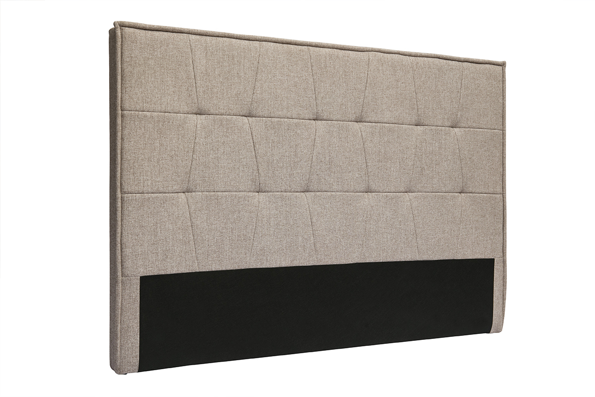 T�te de lit en tissu taupe, capitonn�e, vue de 3/4, dimensions L170 cm