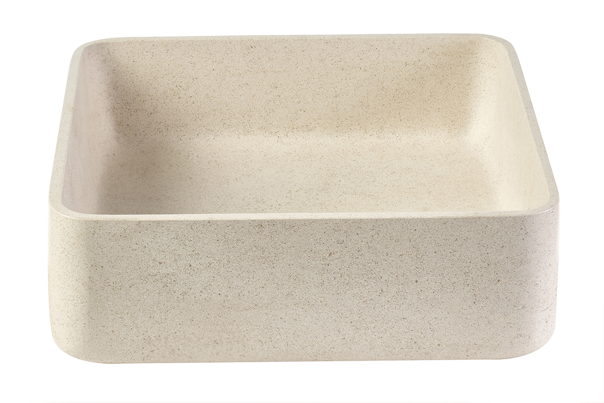 Vasque carr�e en pierre naturelle beige, vue de face, design minimaliste