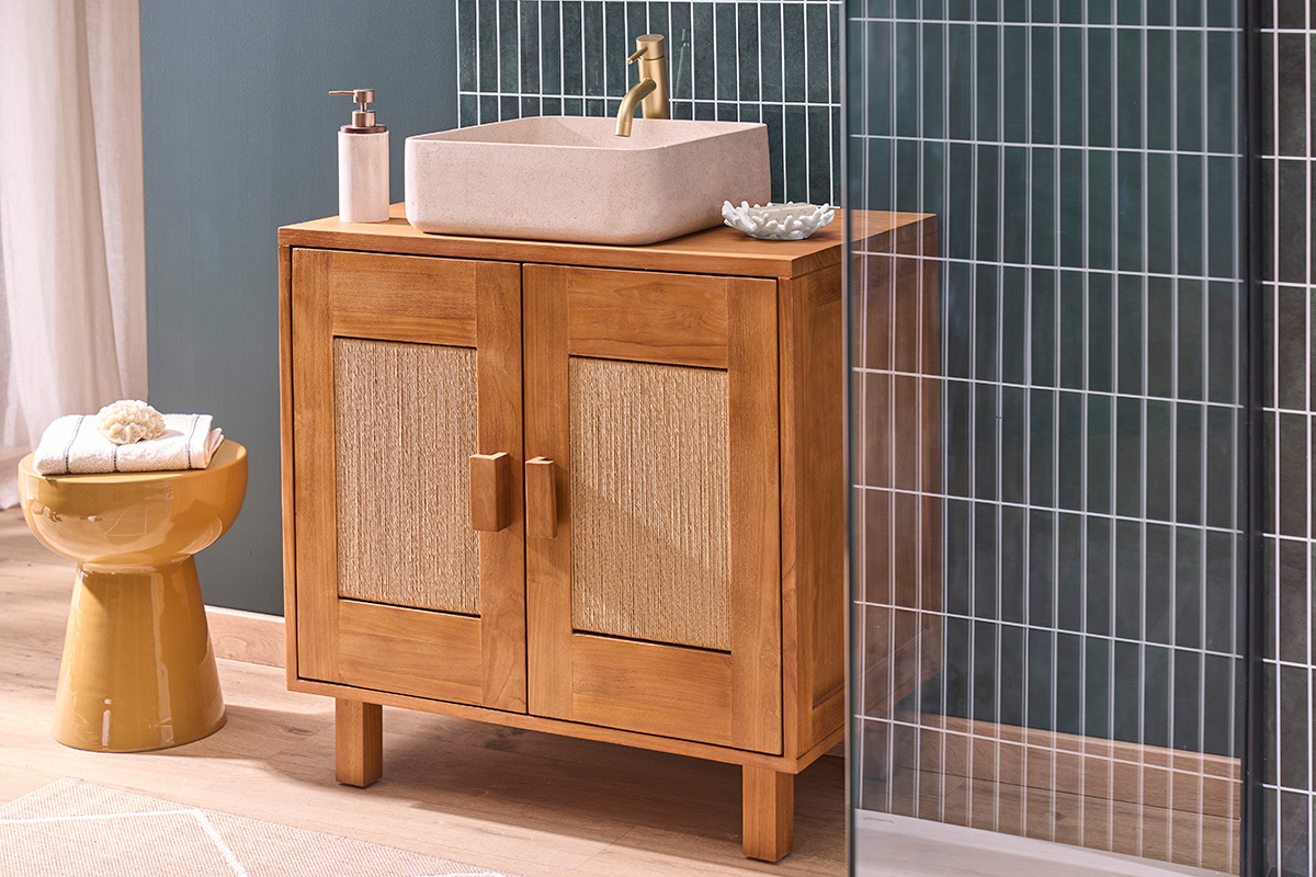 Vasque carr�e en pierre naturelle beige L40 cm FENG